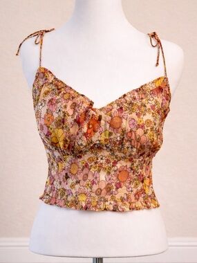 Floral Tie Strap Crop Cami Top XS NWT Cottagecore Smocked